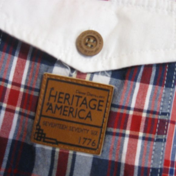 Denim Distillery Mens Short Sleeve Patchwork Plaid Shirt sz L Red White Blue - Picture 6 of 11